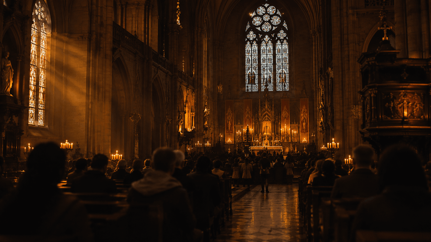 Congregation gathered in prayer inside a candlelit cathedral